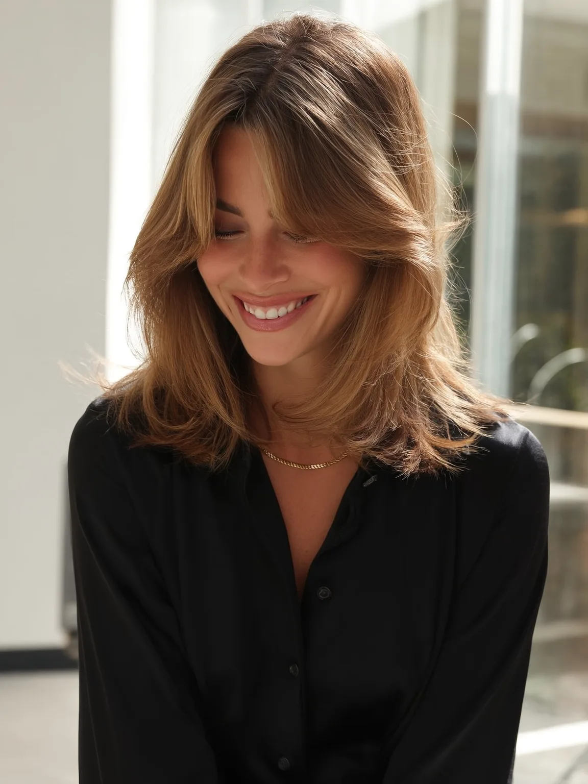 Shoulder-Length Layers with Curtain Bangs in Sandy Blonde